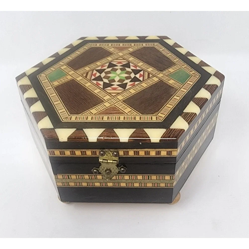 Handmade Music Jewelry Box Wood‎ Inlay Taracea Marquetry Hexagon Shape Spain